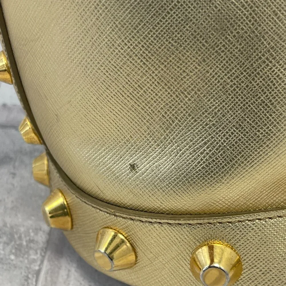Prada Metallic Gold Saffiano Leather Vernice Studded Bucket Bag - Preowned